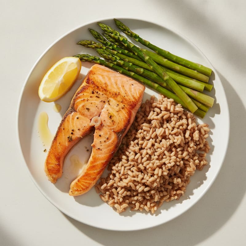 Seared Salmon with Steamed Asparagus and Brown Rice