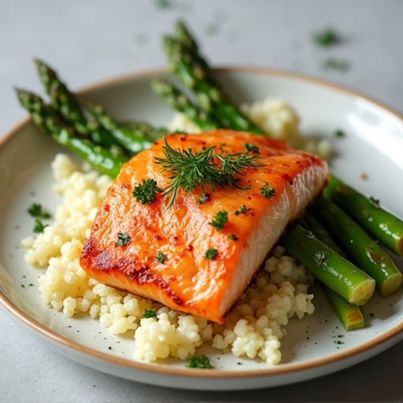 Seared Salmon Fillet with Roasted Asparagus and Herbed Cauliflower Rice