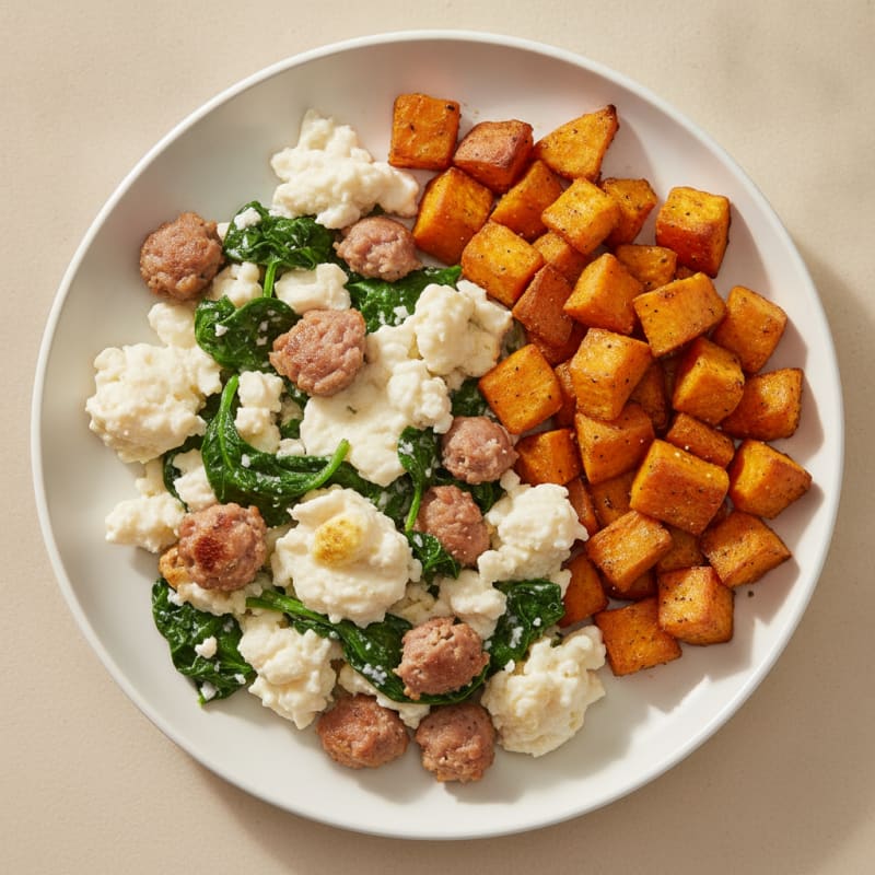Egg White and Turkey Sausage Scramble with Spinach and Roasted Sweet Potatoes