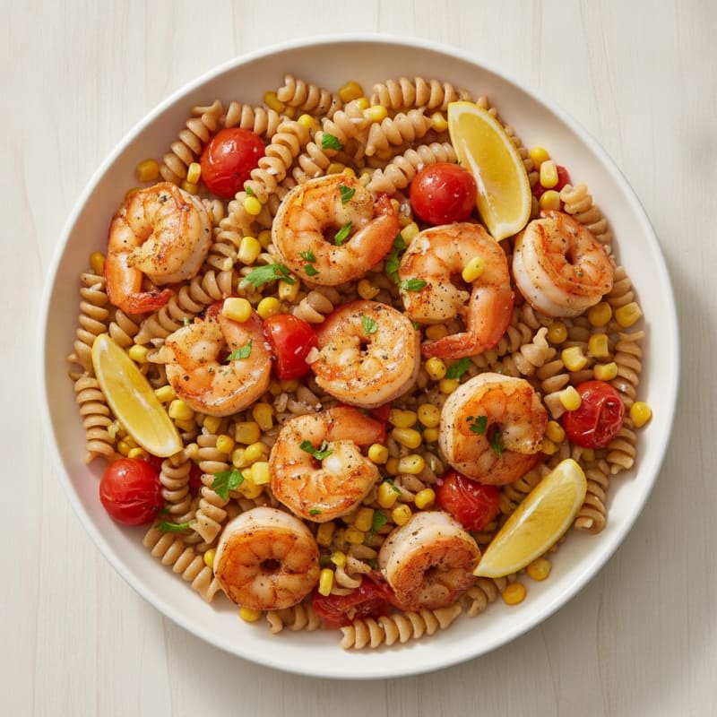 Garlic Shrimp with Corn Tomato Pasta