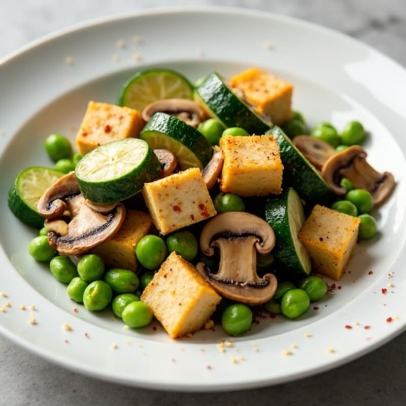 Garlic Ginger Sautéed Zucchini and Mushrooms with Tofu and Edamame