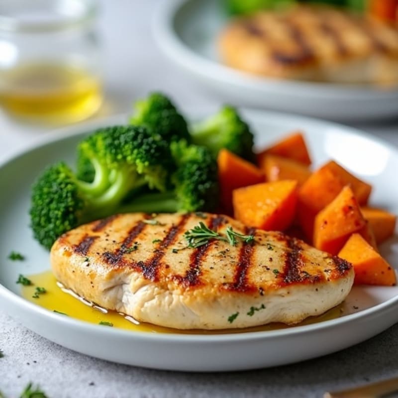 Grilled Chicken Breast with Roasted Sweet Potatoes and Steamed Broccoli