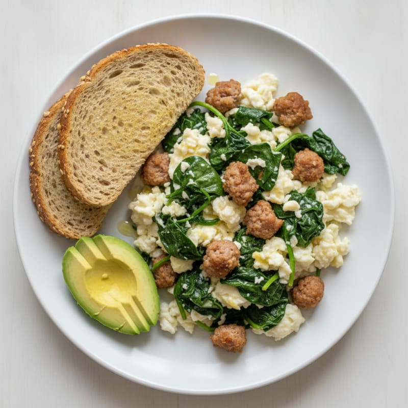 Egg White and Spinach Scramble with Turkey Sausage
