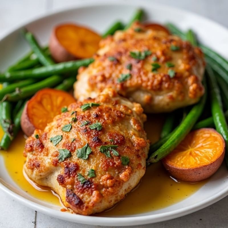 Crispy Lemon-Herb Chicken Thighs with Roasted Sweet Potatoes and Green Beans