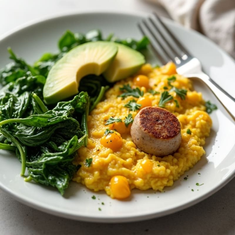 Egg White and Turkey Sausage Scramble with Sautéed Spinach