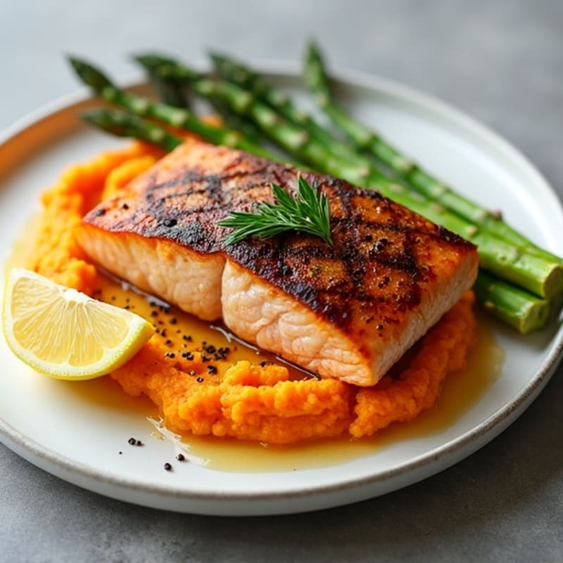 Seared Salmon Fillet with Steamed Asparagus and Sweet Potato Mash