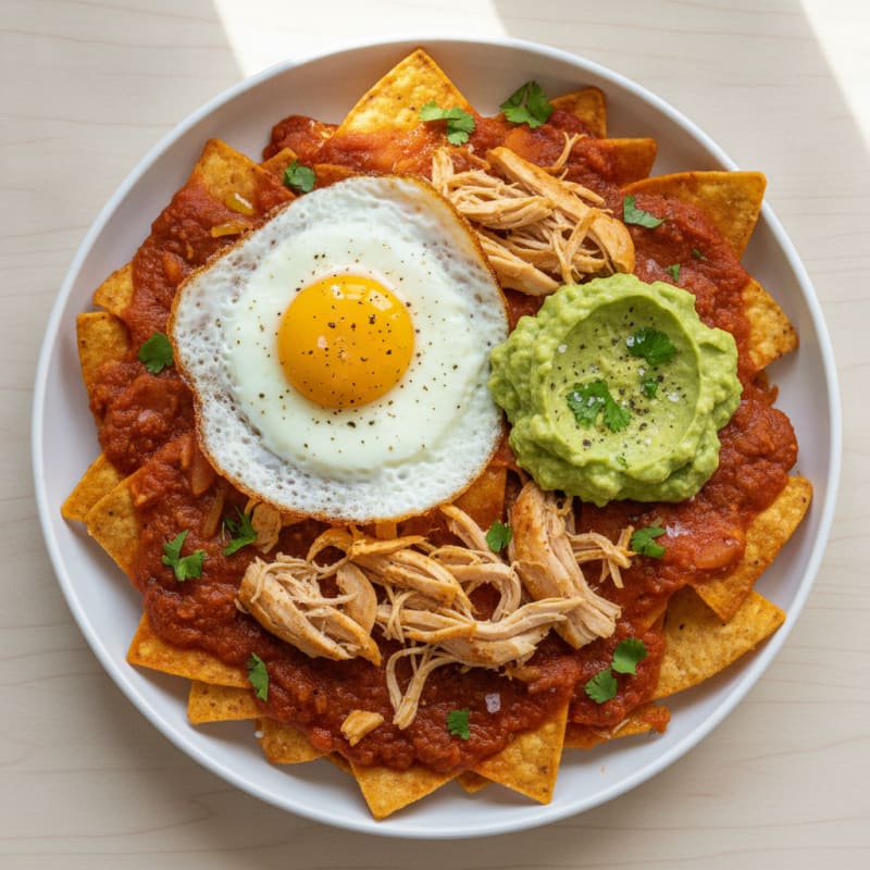 Red Chilaquiles with Fried Eggs and Guacamole