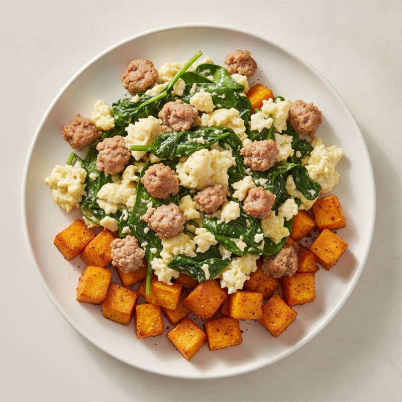 Egg White and Turkey Sausage Scramble with Spinach and Roasted Sweet Potato