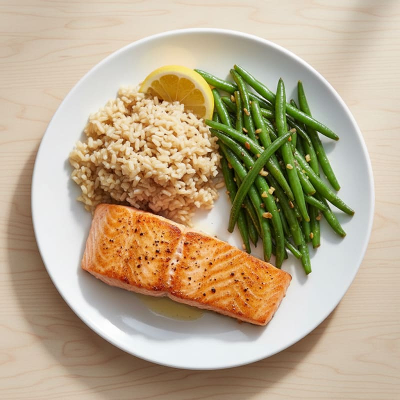 Seared Salmon Fillet with Garlic Green Beans and Brown Rice