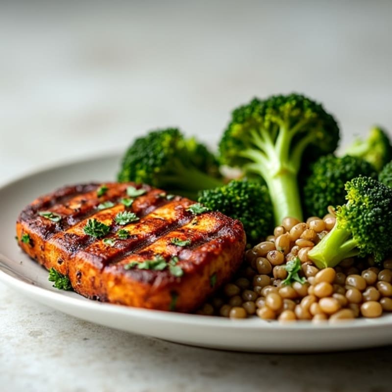 Grilled Tempeh with Roasted Broccoli and Lentils