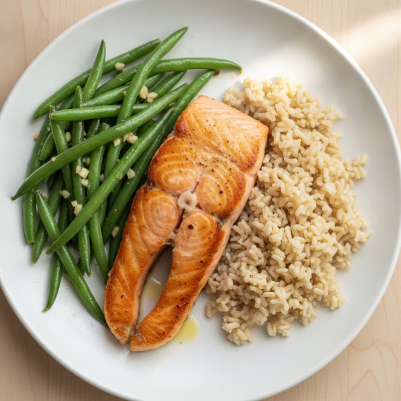 Seared Salmon with Garlic Green Beans and Brown Rice