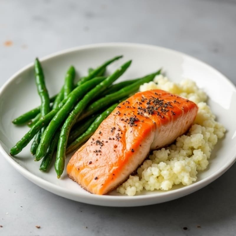 Seared Salmon with Steamed Green Beans and Garlic Cauliflower Mash