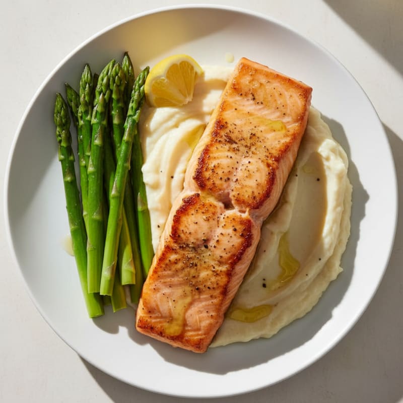 Seared Salmon with Steamed Asparagus and Garlic Cauliflower Mash