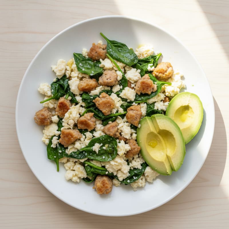 Egg White Scramble with Turkey Sausage and Sautéed Spinach