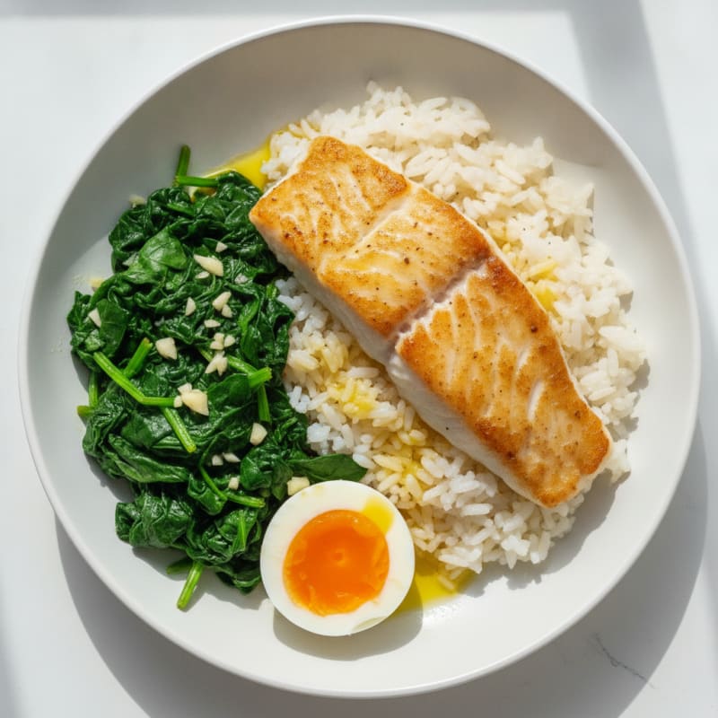 Grilled Fish Fillet with Steamed Rice and Sautéed Spinach