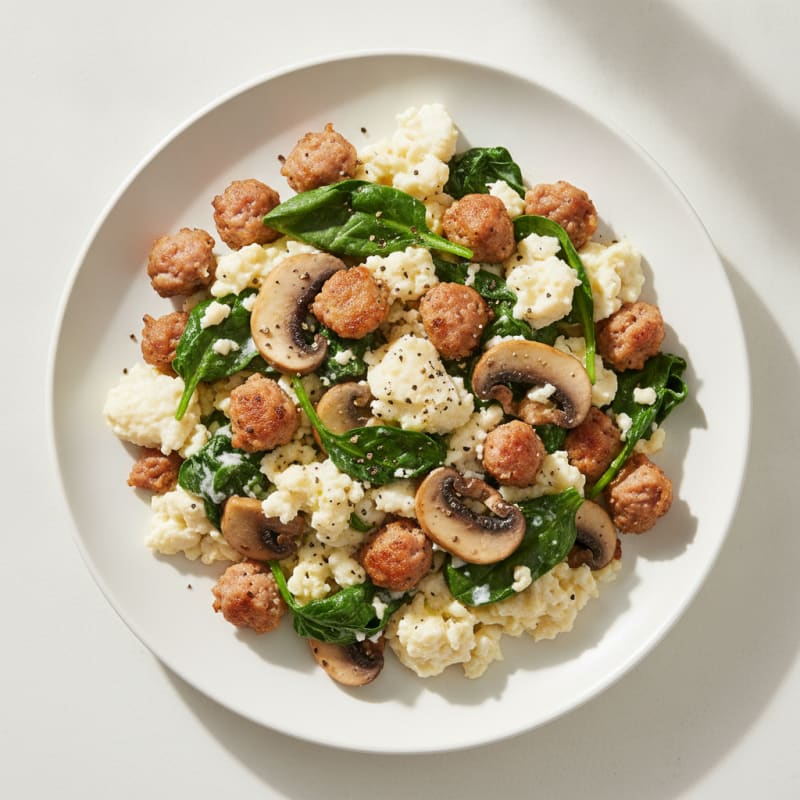 Egg White and Turkey Sausage Scramble with Spinach and Mushrooms