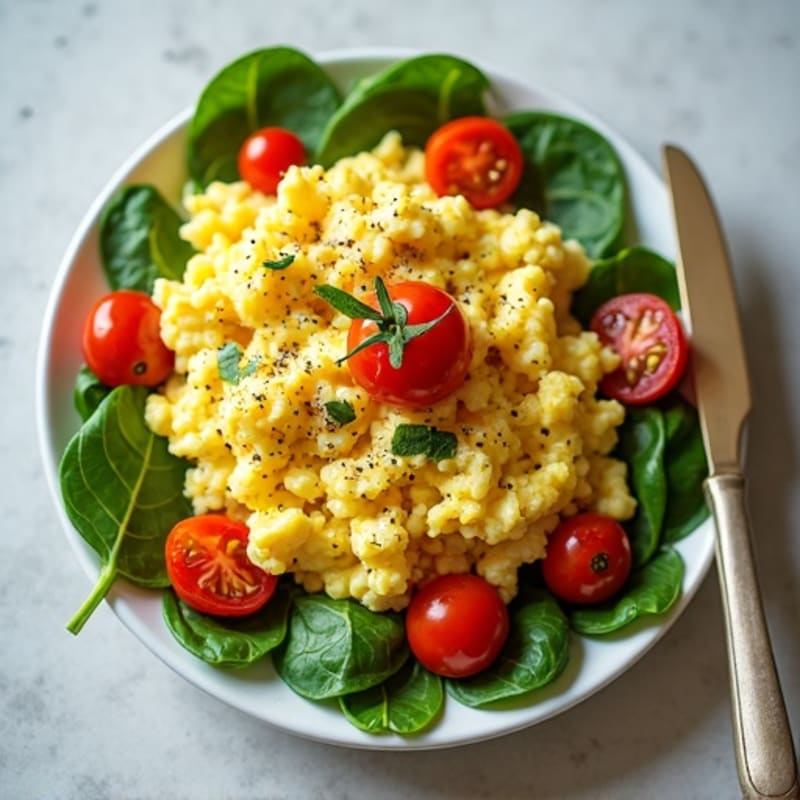 Fluffy Scrambled Eggs with Fresh Spinach and Cherry Tomatoes