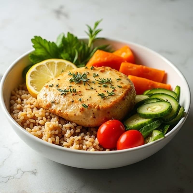 Lemon Herb Roasted Chicken and Brown Rice Bowl with Fresh Vegetables