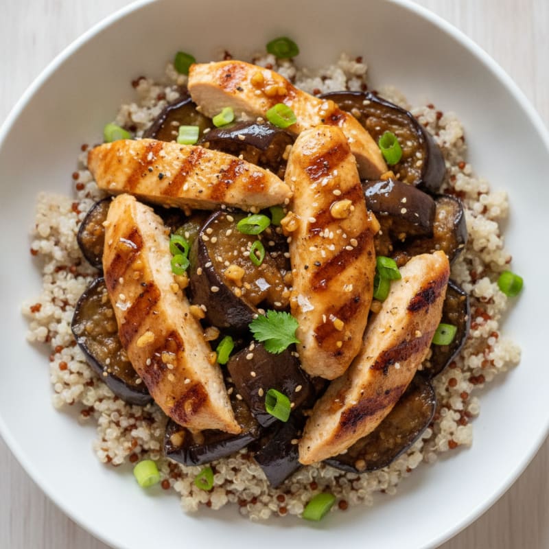 Roasted Eggplant with Honey-Garlic Glaze & Seared Chicken