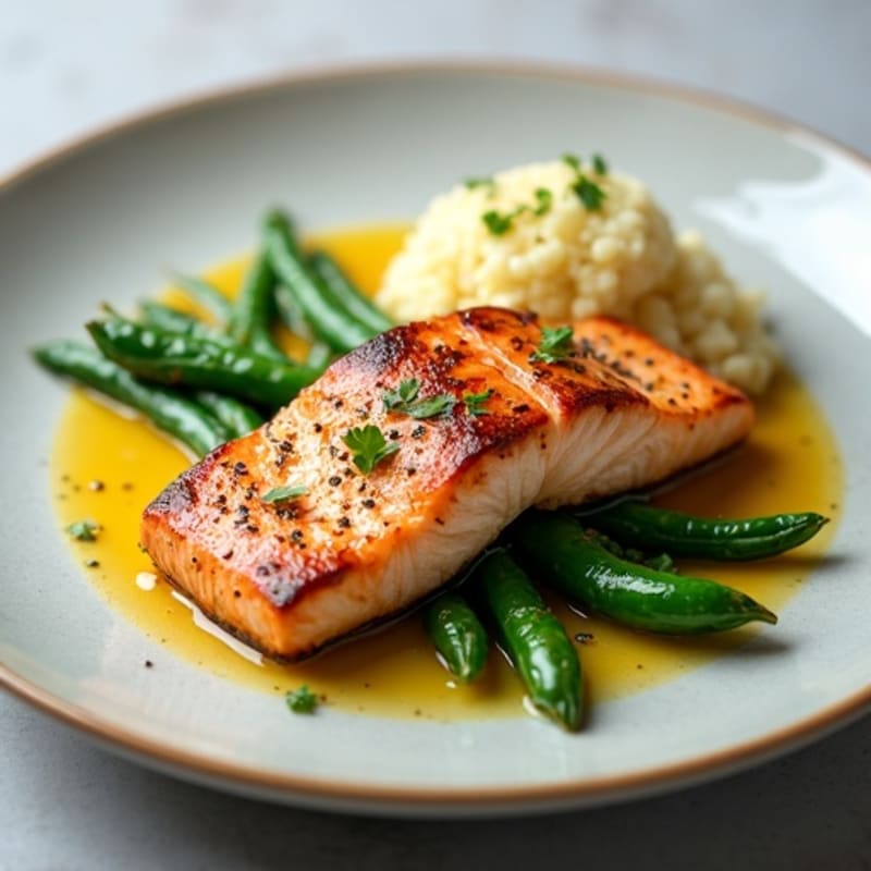 Seared Salmon with Garlic Green Beans and Cauliflower Mash