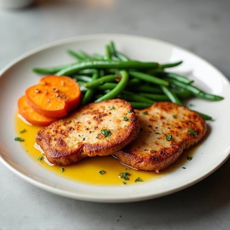Seared Turkey Cutlets with Roasted Sweet Potato and Green Beans