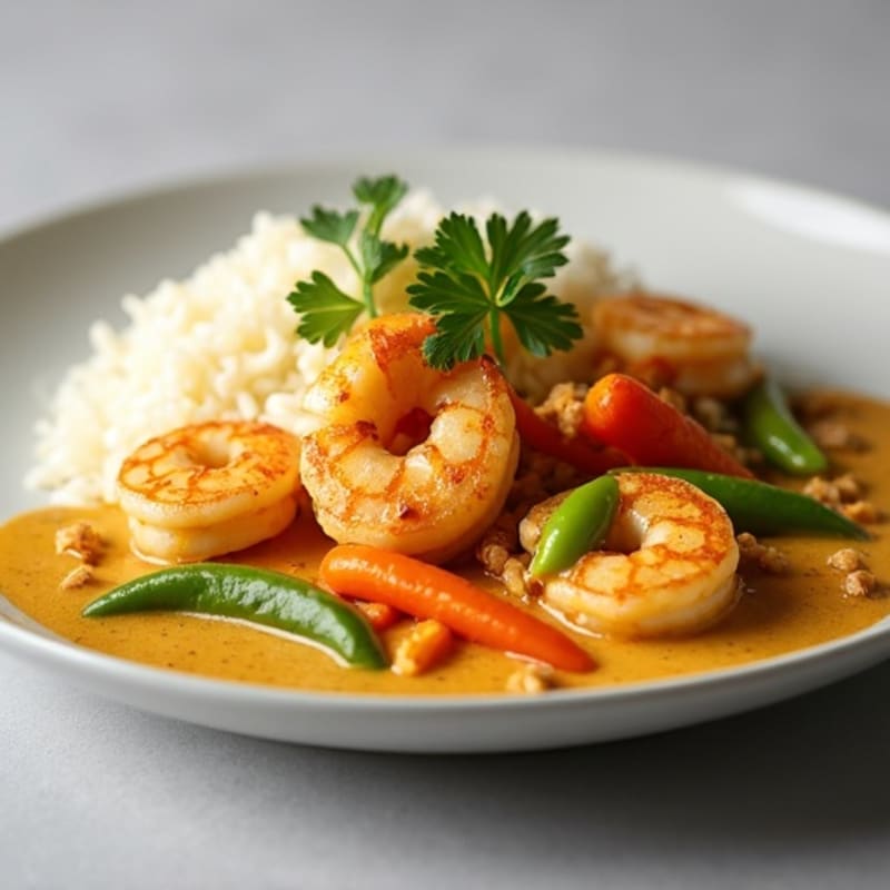 Shrimp and Chicken Creamy Coconut Curry with Crisp Vegetables and Fluffy Rice