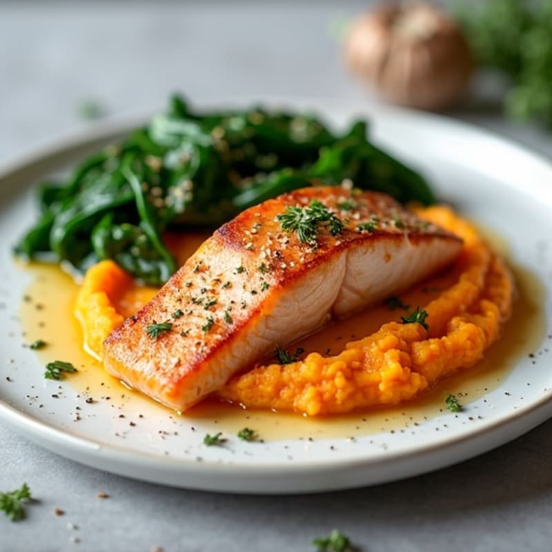 Seared Salmon with Garlic Spinach and Sweet Potato Mash