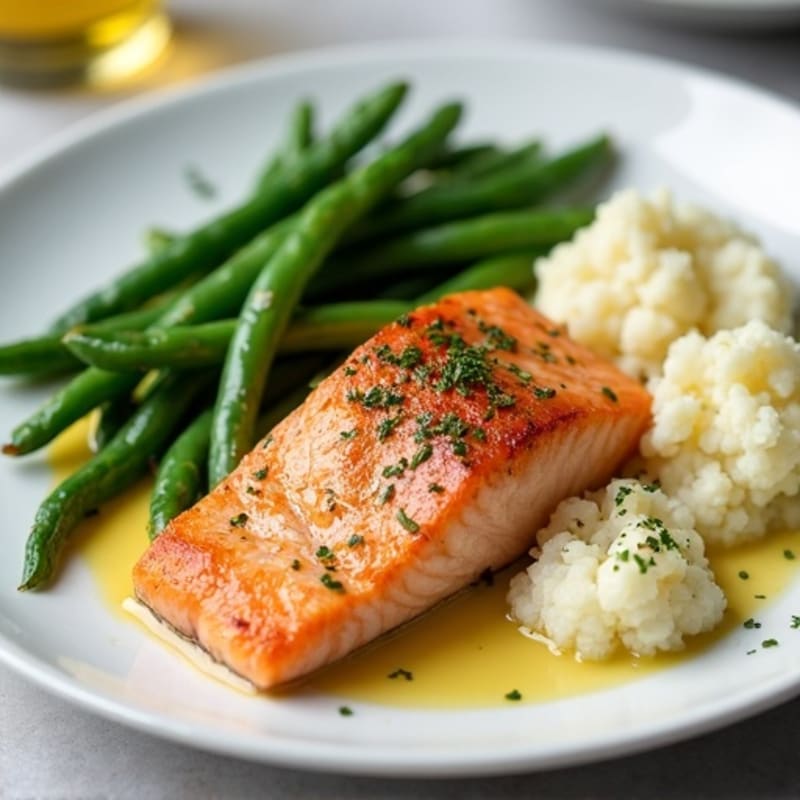 Seared Salmon with Garlic Green Beans and Cauliflower Mash
