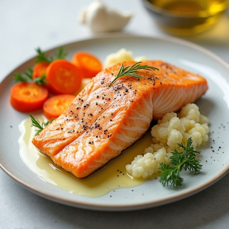 Baked Salmon with Garlic Mashed Cauliflower and Roasted Carrots
