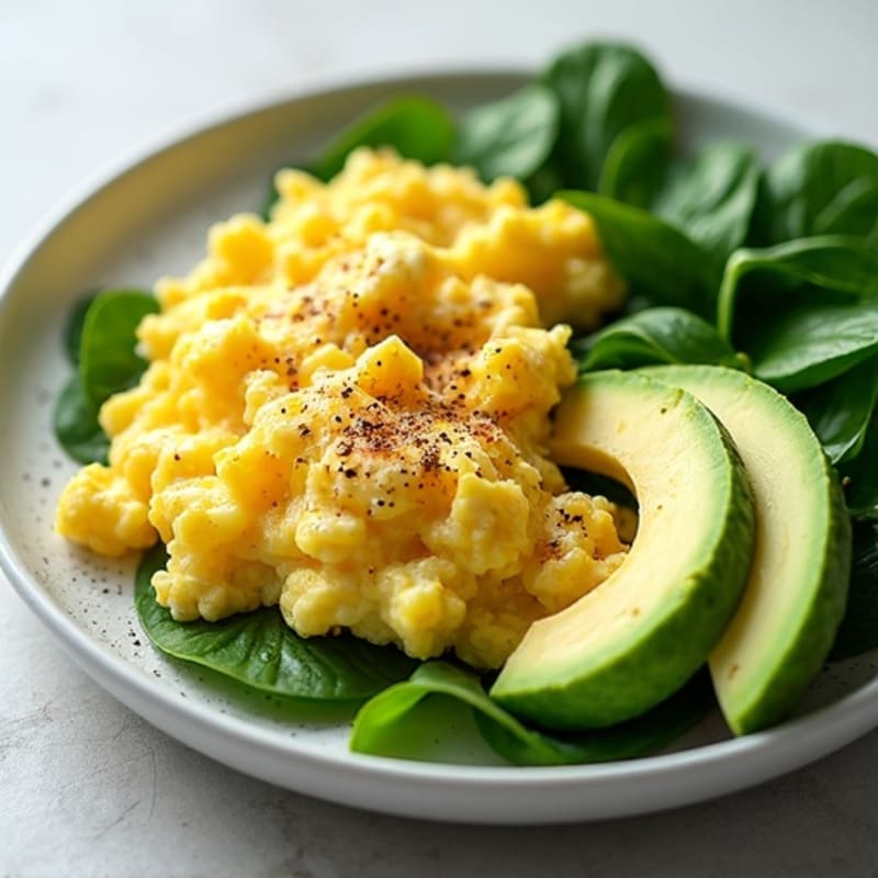 Creamy Egg Scramble with Fresh Spinach and Sliced Avocado