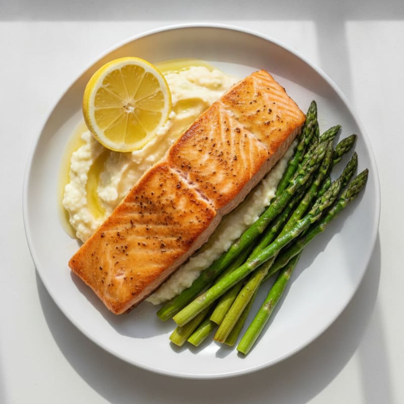 Seared Salmon with Roasted Asparagus and Cauliflower Mash