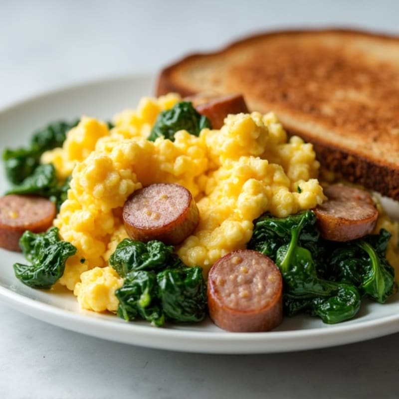 Egg White and Turkey Sausage Scramble with Cottage Cheese and Sautéed Spinach