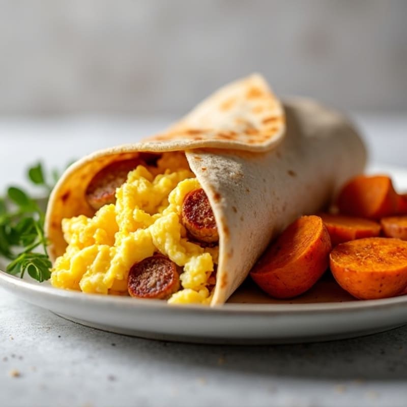 Savory Egg and Chicken Sausage Breakfast Burrito with Roasted Sweet Potatoes