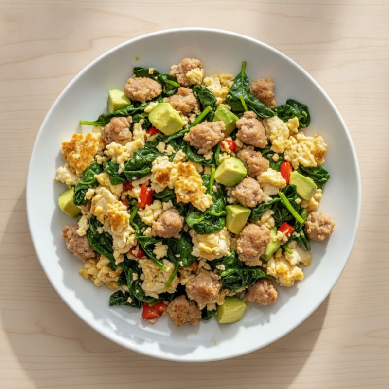Egg White and Turkey Sausage Scramble with Sautéed Spinach
