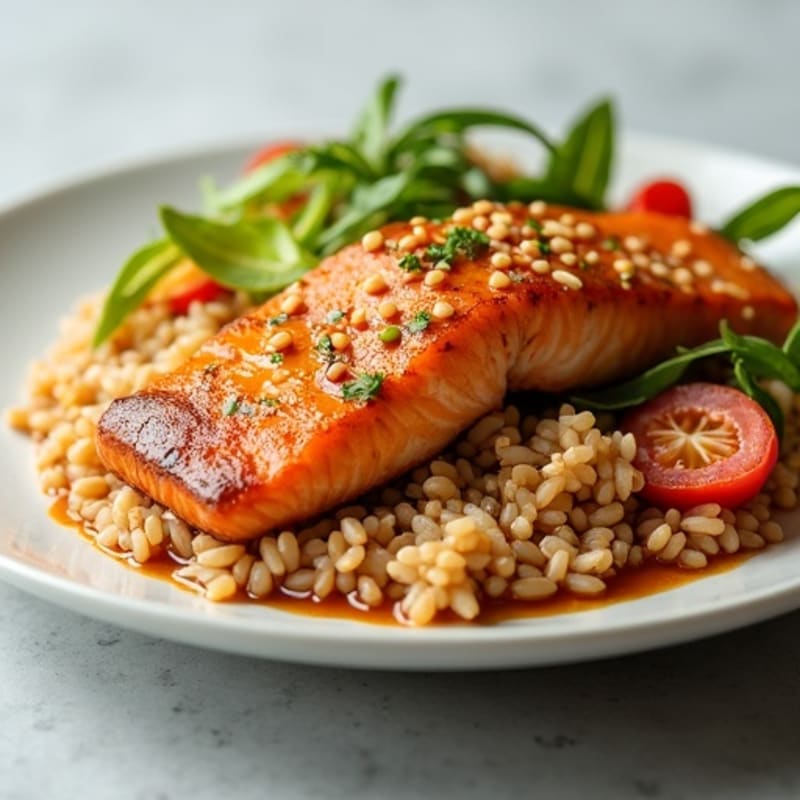 Sesame-Ginger Salmon with Brown Rice and Crunchy Vegetables