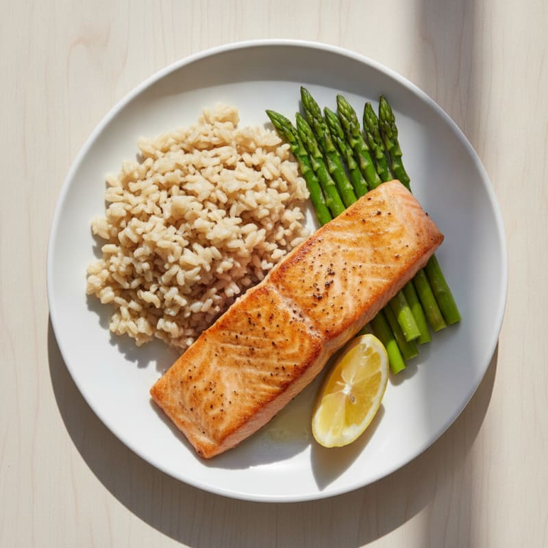 Seared Salmon with Steamed Asparagus and Brown Rice