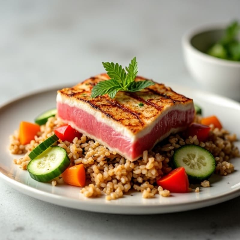 Fresh Tuna with Brown Rice, Crunchy Vegetables, and Sesame-Ginger Dressing