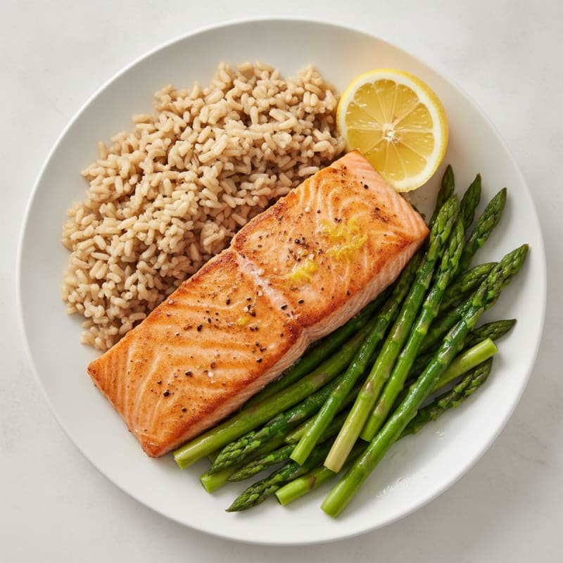 Seared Salmon with Steamed Asparagus and Brown Rice