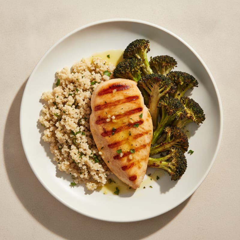 Grilled Lemon Garlic Chicken Breast with Quinoa and Roasted Broccoli