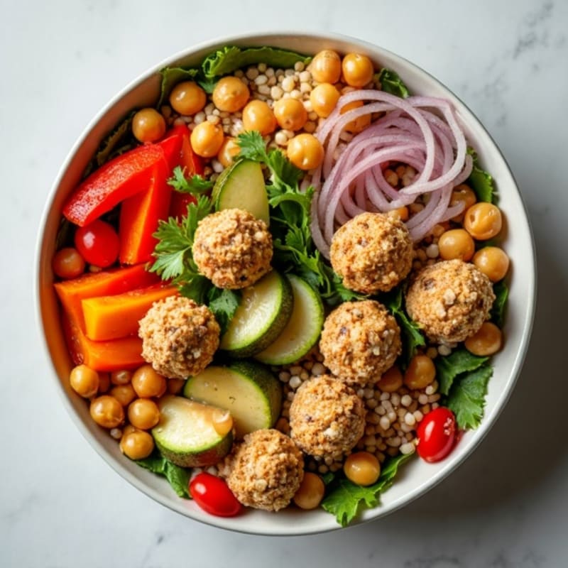 Crispy Chickpea and Roasted Vegetable Power Bowl with Creamy Tahini Dressing, and Chewy Almond-Hemp Protein Bites