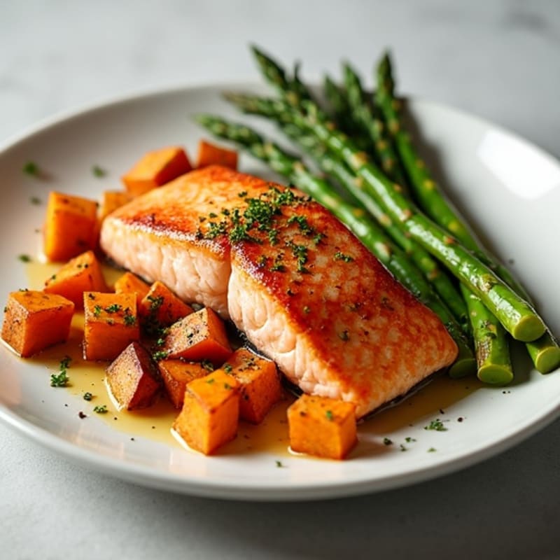 Seared Salmon with Roasted Sweet Potatoes and Asparagus