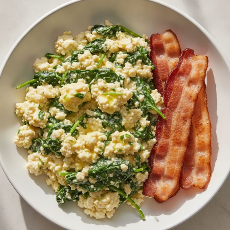 Cottage Cheese Scramble with Spinach and Turkey Bacon