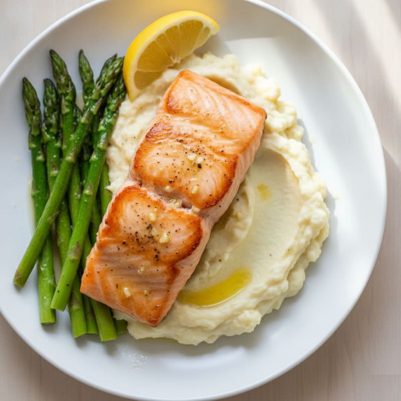 Seared Salmon with Roasted Asparagus and Cauliflower Mash