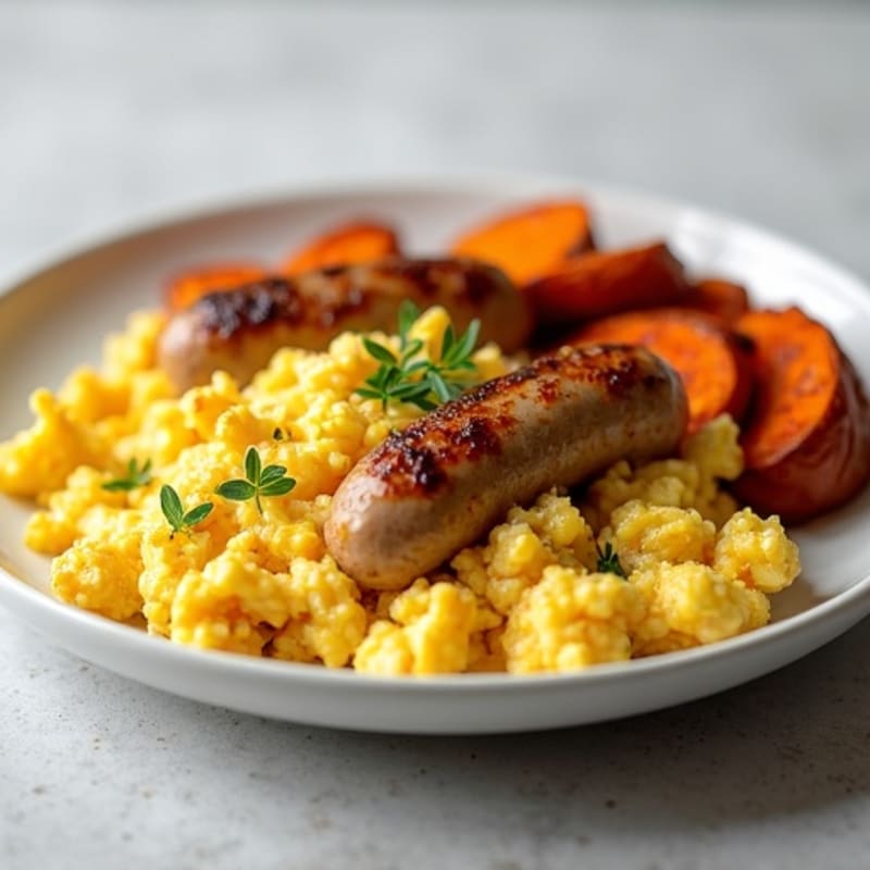 Egg White and Turkey Sausage Scramble with Roasted Sweet Potatoes