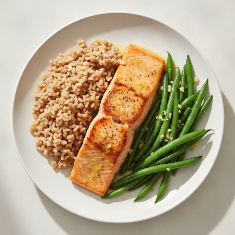 Seared Salmon Fillet with Garlic Green Beans and Brown Rice