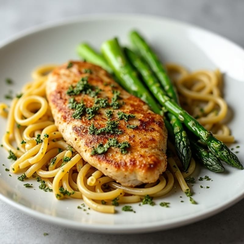 Pan-Seared Chicken with Zesty Pesto Whole Wheat Pasta and Roasted Asparagus
