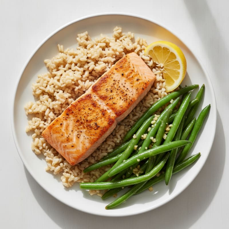 Seared Salmon with Garlic Green Beans and Brown Rice