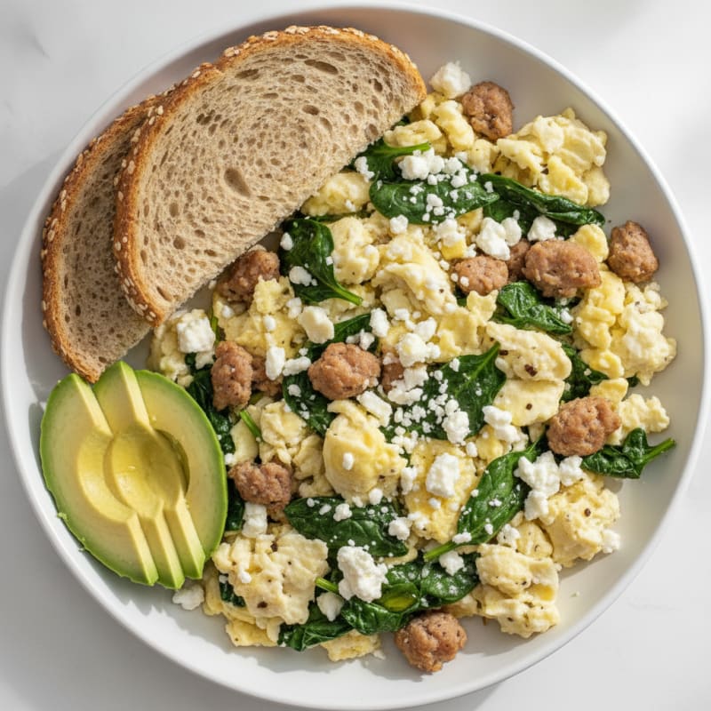 Egg White and Turkey Sausage Scramble with Spinach and Feta
