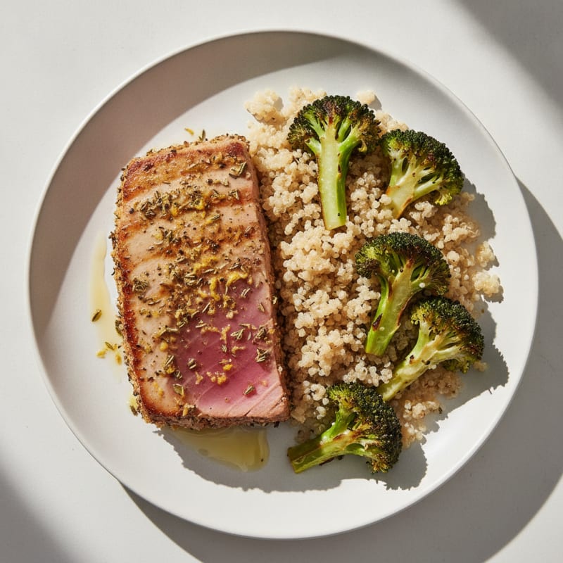 Seared Herb-Crusted Tuna with Roasted Broccoli and Quinoa