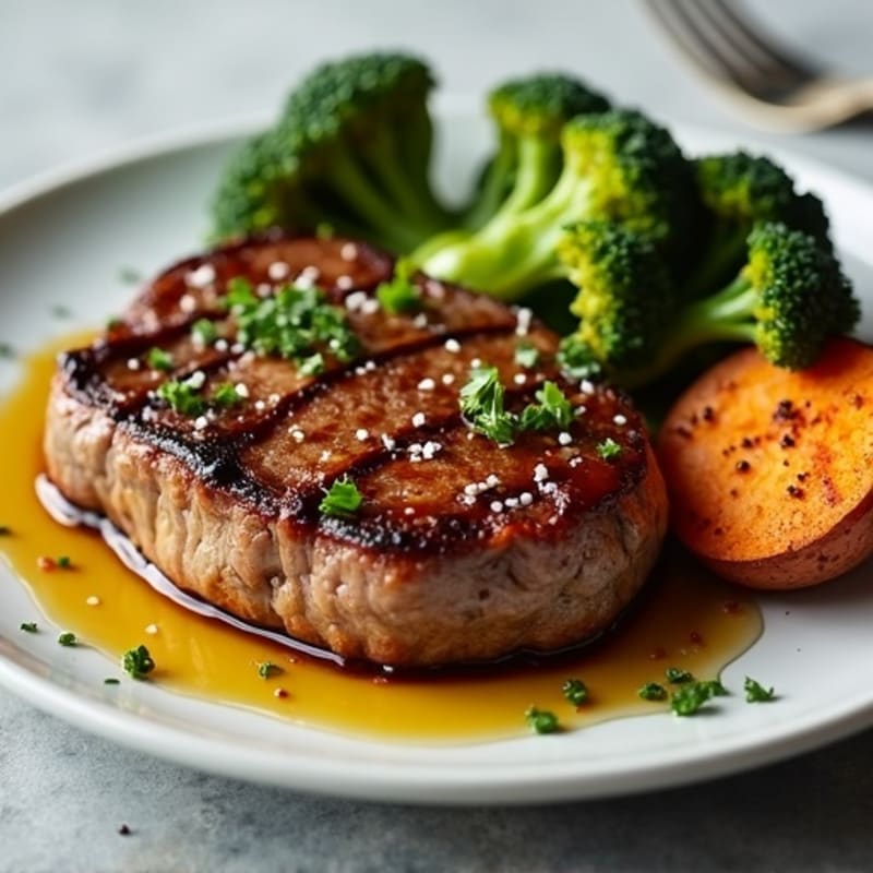 Pan-Seared Steak with Crispy Roasted Broccoli and Sweet Potatoes